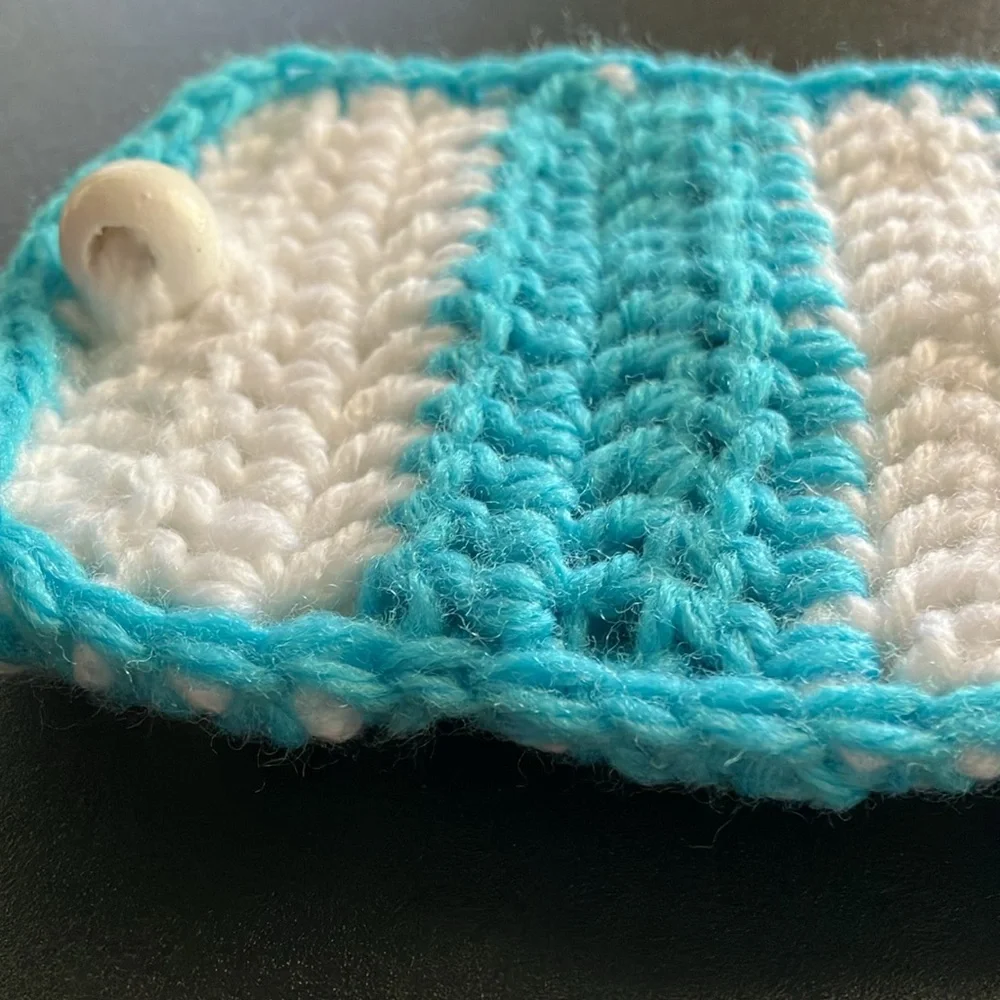 Handmade Crochet Cell Phone Holder Pouch Eyeglass Case Blue White Striped Yarn